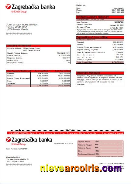 Croatia Zagrebačka bank mortgage statement
